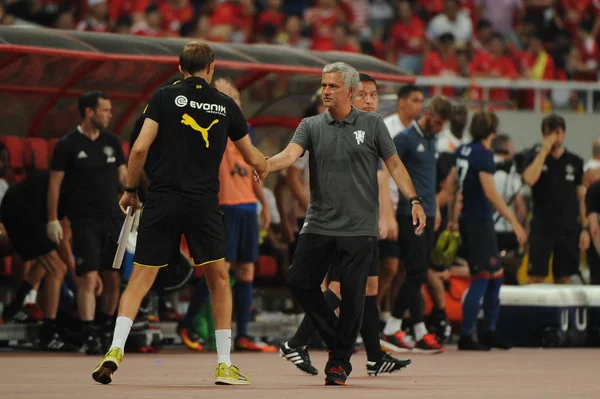 Treinador José Mourinho Manchester United Certo Aperta Mão Com Treinador — Fotografia de Stock