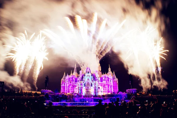 Los Fuegos Artificiales Explotan Sobre Castillo Disney Por Noche Shanghai — Foto de Stock