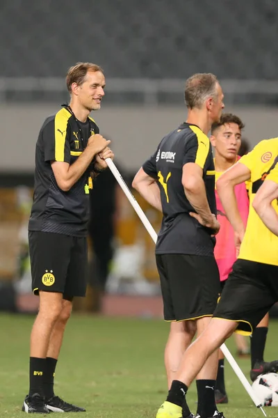 Allenatore Thomas Tuchel Sinistra Del Borussia Dortmund Reagisce Durante Una — Foto Stock