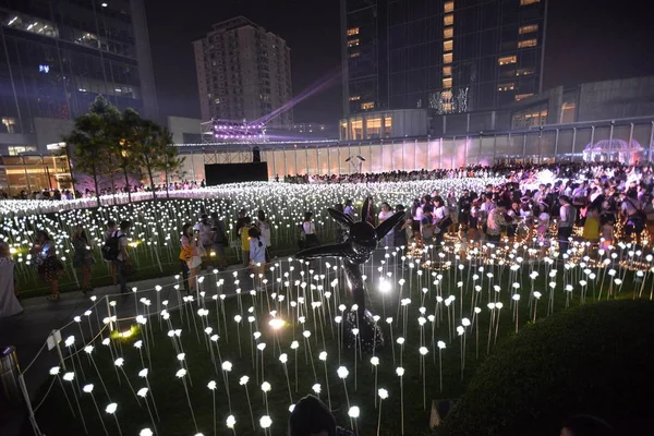 Visitors Enjoy Sight Led White Roses Light Rose Garden Exhibition — Stock Photo, Image