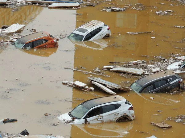 Private Cars Submerged Water Being Washed Floods Caused Rainstorm Pit — Stock Photo, Image