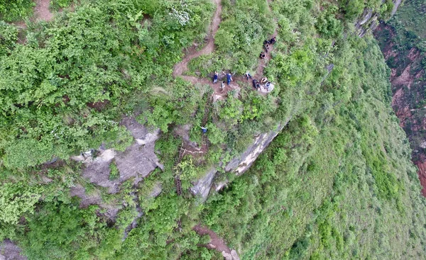 Dorfbewohner Erklimmen Eine 800 Meter Hohe Klippe Auf Einer Weintreppe — Stockfoto