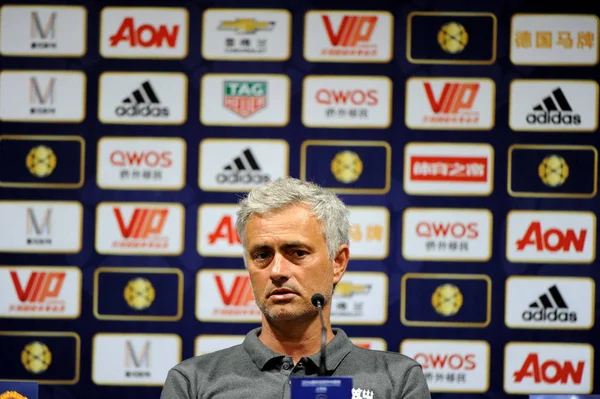 Tränare Jose Mourinho Manchester United Talar Vid Presskonferens Efter Hans — Stockfoto