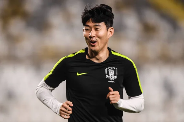 Son Heung Min Fra Sydkoreas Nationale Fodboldhold Deltager Træningssession Til - Stock-foto