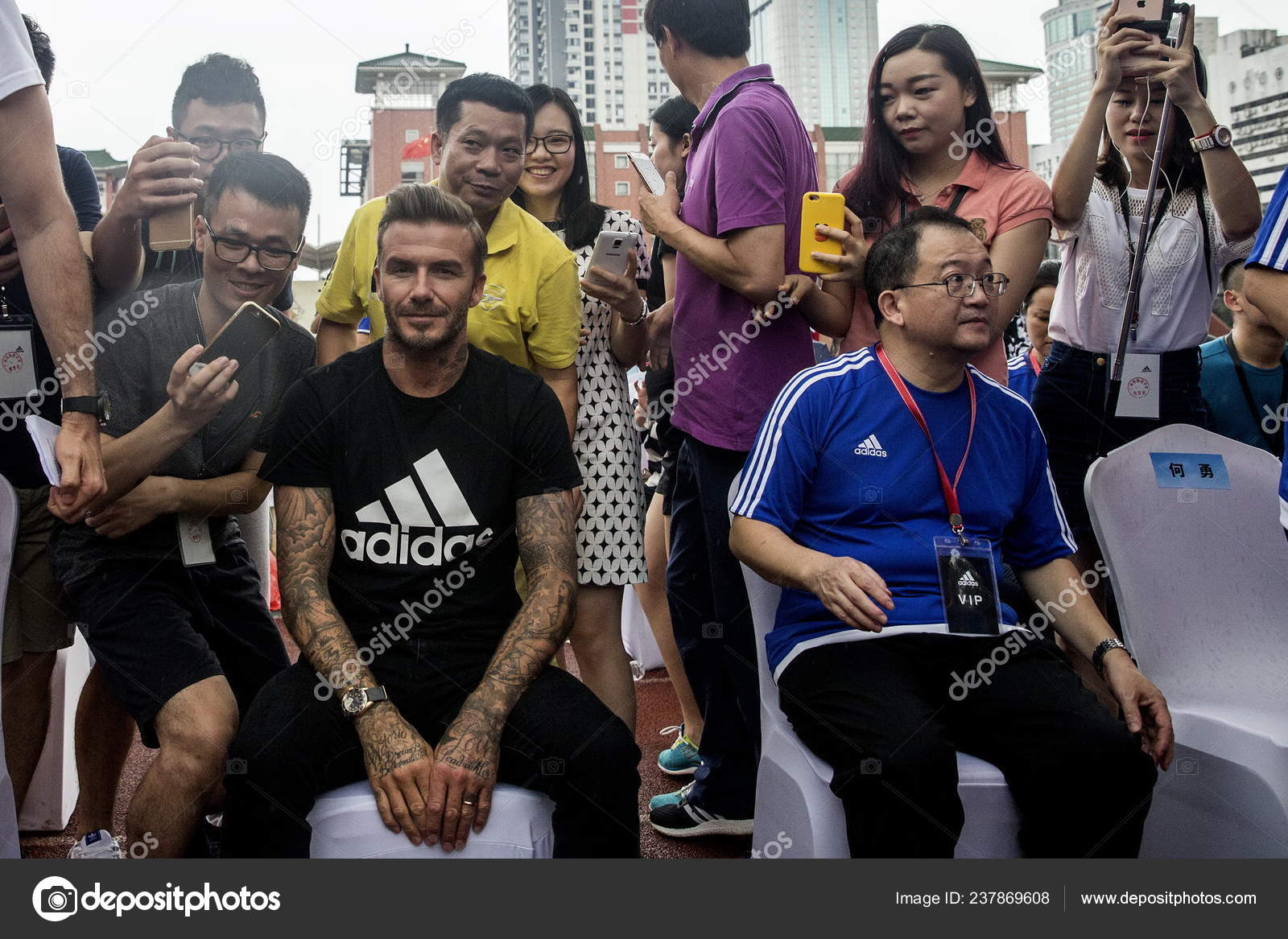 English Football Star David Beckham Sits Next Officials Football