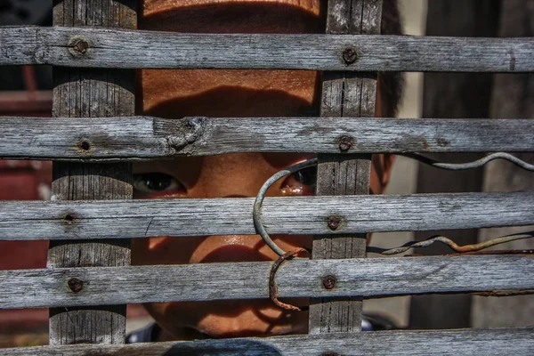 Een Links Achter Kind Kijkt Uit Door Veiligheids Staven Van — Stockfoto