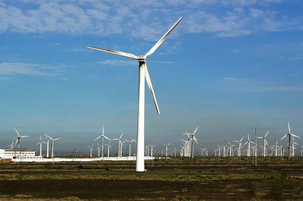 中国の新疆ウイグル自治区 Turpan にある風力発電所で電気を発生させる風力タービン 7月24日2010 — ストック写真