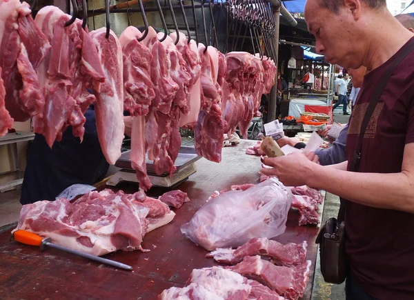 Clientes Compram Carne Porco Mercado Livre Cidade Yichang Província Central — Fotografia de Stock