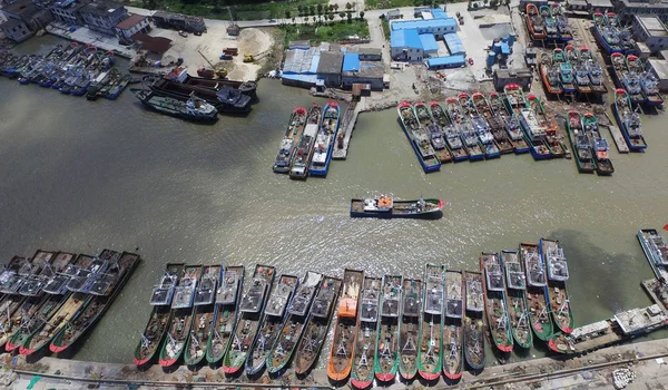 Esta Vista Aérea Los Barcos Pesqueros Están Atracados Puerto Preparación — Foto de Stock