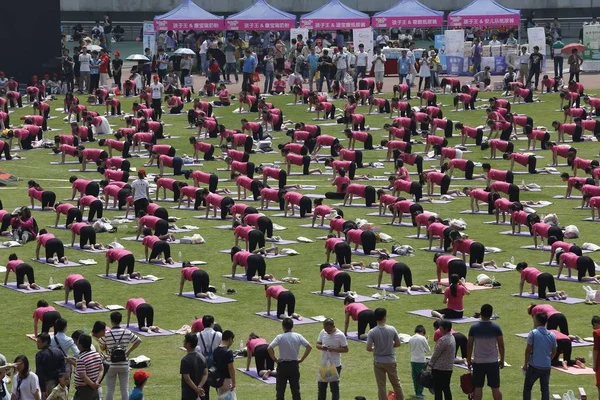 Gravide Kvinner Praktiserer Yoga Sette Guinness Verdensrekord Den Største Prenatale – stockfoto