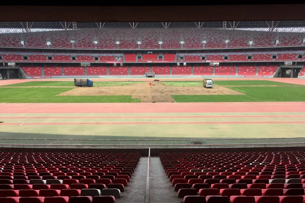 Vista Del Campo Fútbol Que Está Reparando Estadio Deportivo Después —  Fotos de Stock