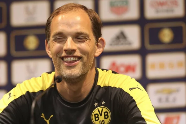 Treinador Thomas Tuchel Borussia Dortmund Participa Uma Conferência Imprensa Para — Fotografia de Stock