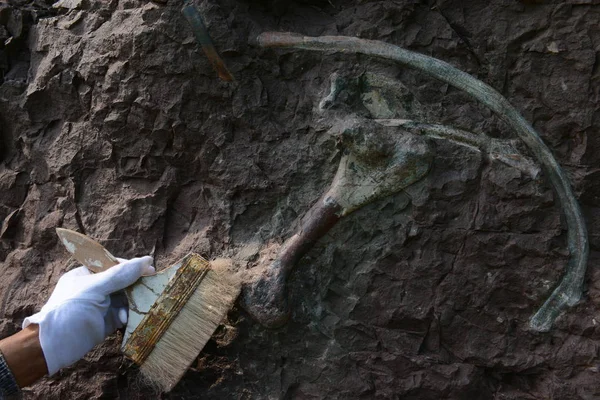 Chiński Pracownik Wykopuje Skamieniałości Dinozaurów Skoncentrowane Ścianie 150 Metrów Długości — Zdjęcie stockowe