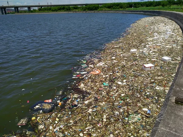 Vue Des Ordures Flottant Qianhaiwan Dans Ville Shenzhen Province Guangdong — Photo