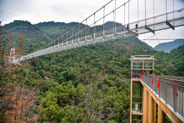 Turisté Chodit Metrovým Skleněným Visutý Most Přes Yingde Krasová Jeskyně — Stock fotografie