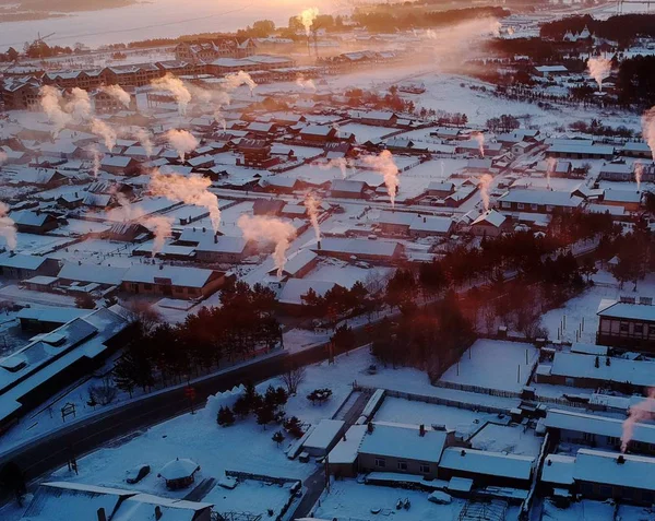 Nevoeiro Gelo Subir Edifícios Residenciais Beiji Village Cidade Mohe Nordeste — Fotografia de Stock