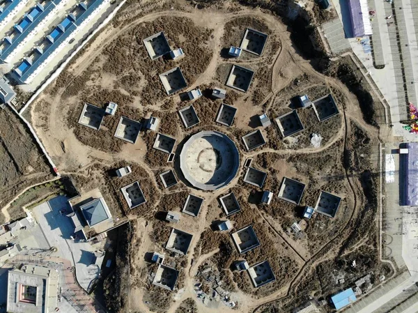 Flygfoto Över Grottan Bostad Komplexa Form Bagua Diagrammet Uppbyggnad Shanzhou — Stockfoto