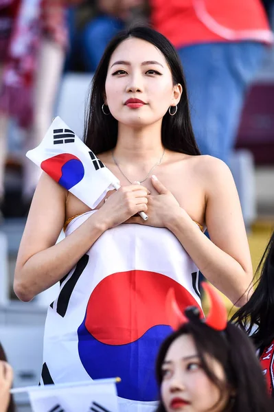 South Korean Football Fan Wearing National Flag Shows Support South — Stock Photo, Image