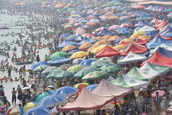Los Turistas Llenan Complejo Playa Para Refrescarse Día Abrasador Ciudad — Foto de Stock