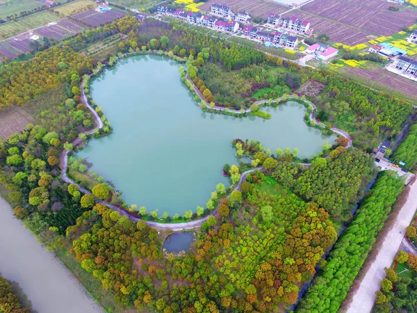 Пташиного Польоту Штучне Озеро Нагадують Китаю Карту Селі Baiyang Lvgang — стокове фото