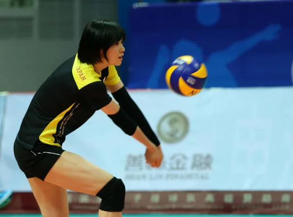 A Japanese player takes part in a training session for an upcoming international women\'s volleyball friendly match against China in Ningbo city, east China\'s Zhejiang province, 21 April 2016.