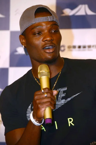 Der Jamaikanische Hürdensprinter Omar Mcleod Nimmt Einer Pressekonferenz Der Iaaf — Stockfoto