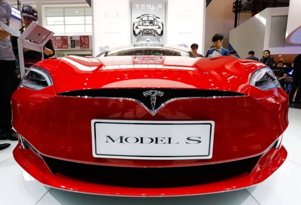 Een Tesla Model Elektrische Auto Zien Tijdens 14E Beijing International — Stockfoto