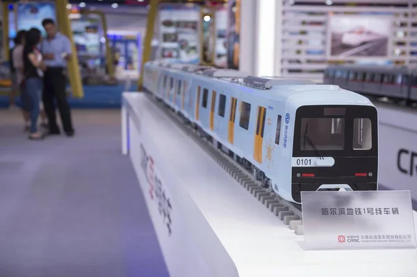 Trem Metrô Modelo Está Exibição Estande Crrc China Railway Rolling — Fotografia de Stock