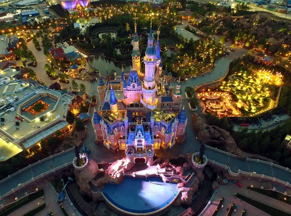 Vue Aérienne Château Illuminé Shanghai Disneyland Shanghai Disney Resort Pour — Photo