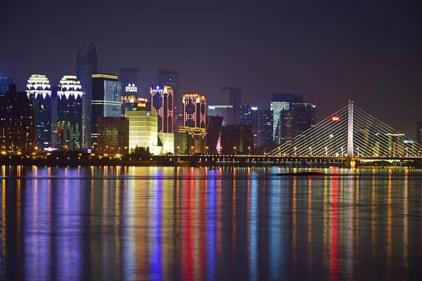 Vista Nocturna Edificios Gran Altura Qianjiang New Town Ciudad Hangzhou —  Fotos de Stock