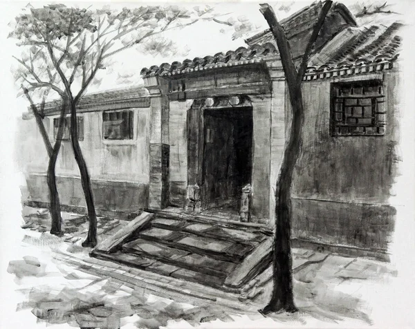 Una Pintura Acuarela Del Hutong Beijing Creada Por Fotógrafo Chino — Foto de Stock