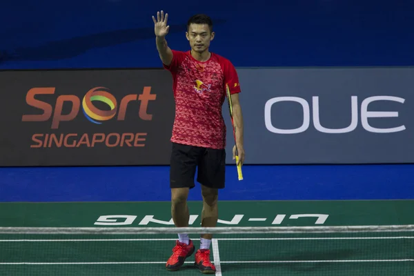 Lin Dan China Hace Gestos Ihsan Maulana Mustofa Indonesia Durante — Foto de Stock