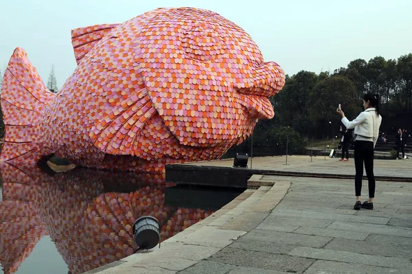 Visiteur Prend Des Photos Poisson Flottant Rose Géant Conçu Par — Photo