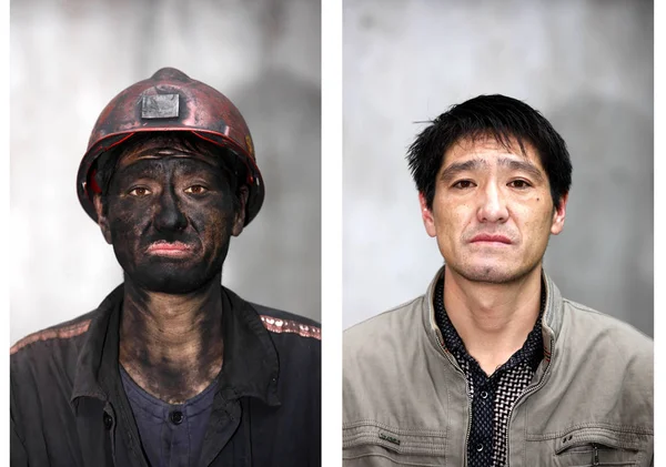 Denna Sammansatta Bild Visar Kinesisk Kol Gruv Arbetare Före Och — Stockfoto