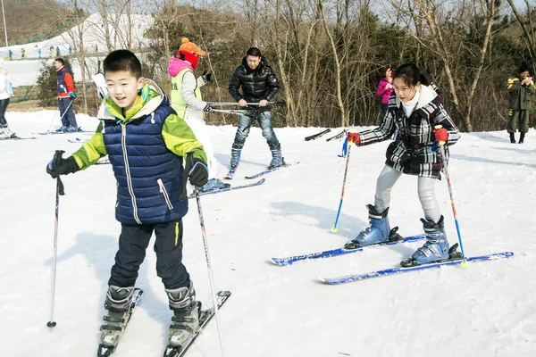 Los Niños Pequeños Aprenden Esquiar Una Estación Esquí Ciudad Dalian — Foto de Stock