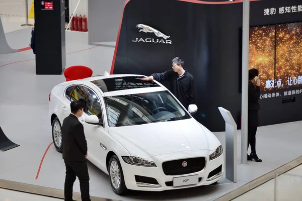 Plik Chiński Pracownik Pyłów Jaguar Wyświetlaczu Podczas Imprezy Promocyjnej Centrum — Zdjęcie stockowe