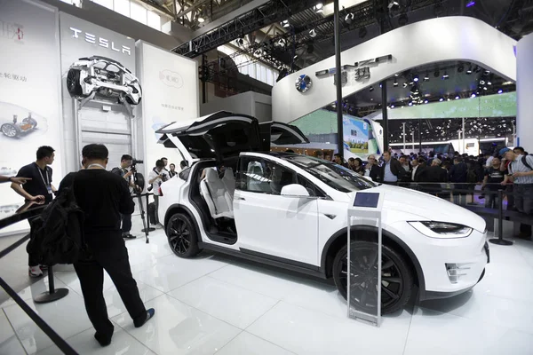 Tesla Model Elektromos Suv Van Kijelző Alatt Peking Nemzetközi Autóipari — Stock Fotó