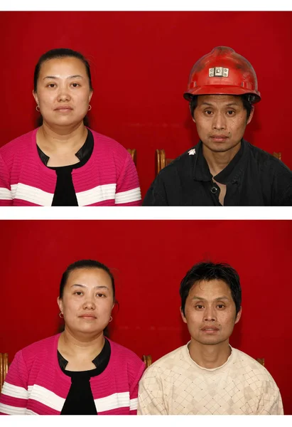 Composite Picture Shows Photos Chinese Coal Miner His Wife Went — стоковое фото