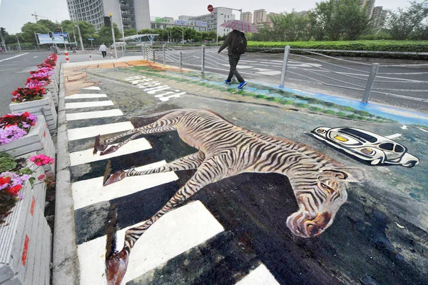 Piéton Marche Sur Passage Niveau Zèbre Avec Une Peinture Zèbre — Photo