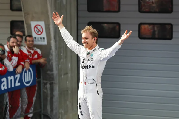 Piloto Mecedes Nico Rosberg Alemanha Reage Comemora Depois Ganhar Grande — Fotografia de Stock
