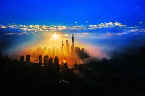 Skyline Puxi Huangpu Folyó Lujiazui Financial District Shanghai Tower Legmagasabb — Stock Fotó