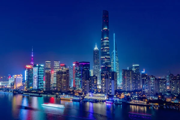 Vista Notturna Del Fiume Huangpu Del Distretto Finanziario Lujiazui Con — Foto Stock