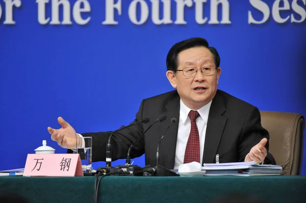 Wan Gang Ministrem Vědy Technologie Číny Odpovědi Otázku Tiskové Konferenci — Stock fotografie