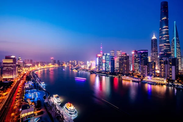 Nattvisning Puxi Floden Huangpu Och Lujiazui Financial District Med Shanghai — Stockfoto