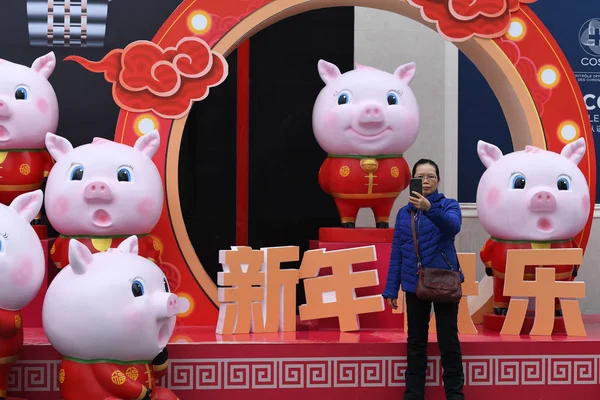2019年1月17日 在中国南方广西壮族自治区南宁市一条街道上 一个市民带着猪雕塑自拍庆祝春节或中国新年 — 图库照片