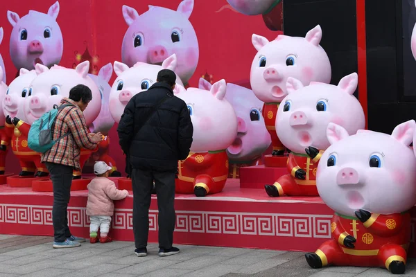 2019年1月17日 在中国南方广西壮族自治区南宁市一条街道上 市民们观看了庆祝春节或中国新年 的猪雕塑 — 图库照片