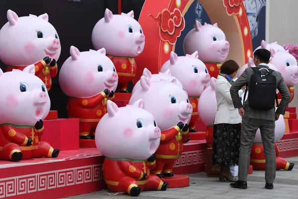 Cidadãos Tiram Fotos Com Esculturas Porco Para Celebrar Festival Primavera — Fotografia de Stock