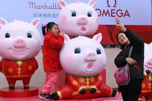 Cidadãos Tiram Fotos Com Esculturas Porco Para Celebrar Festival Primavera — Fotografia de Stock