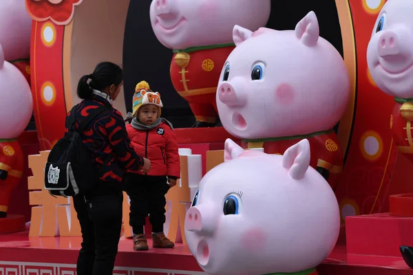 2019年1月17日 在中国南方广西壮族自治区南宁市一条街道上 市民们观看了庆祝春节或中国新年 的猪雕塑 — 图库照片