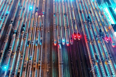 Aerial view of CRH (China Railway High-speed) bullet trains in full preparation for the Spring Festival travel rush, also known as 